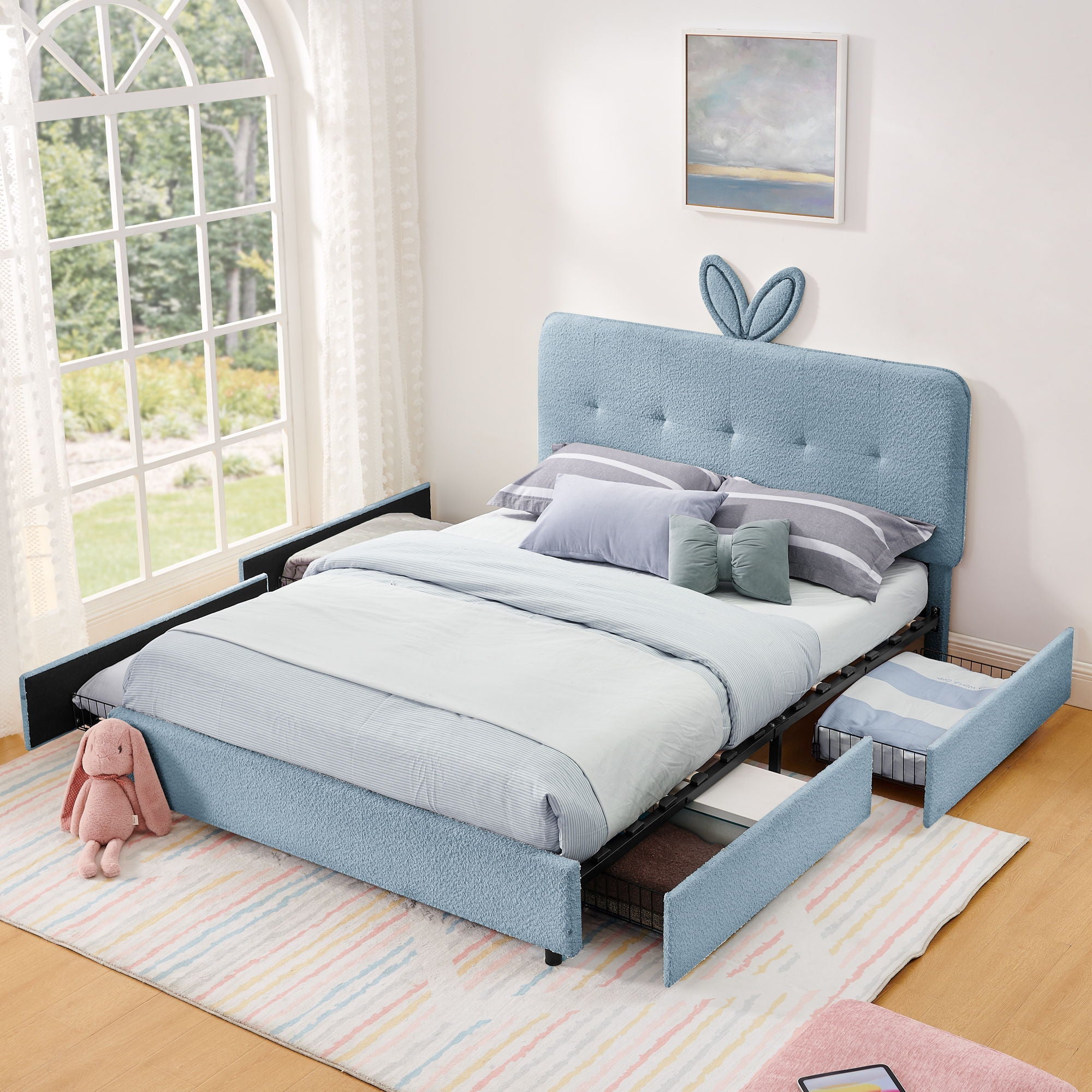 Upholstered Bed With Oversized Rabbit Ear Headboard, LED Lights & 4 Storage Drawers