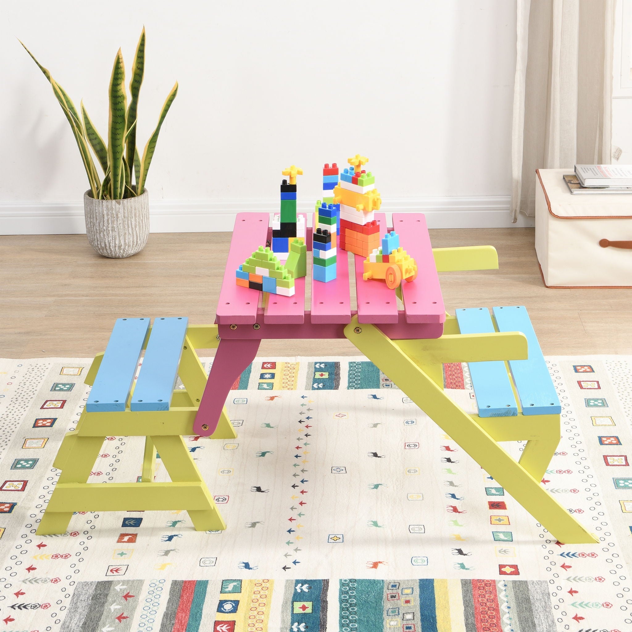 Kids Multi-Functional Arm Chair, Table With 2 Benches All-In-One Set