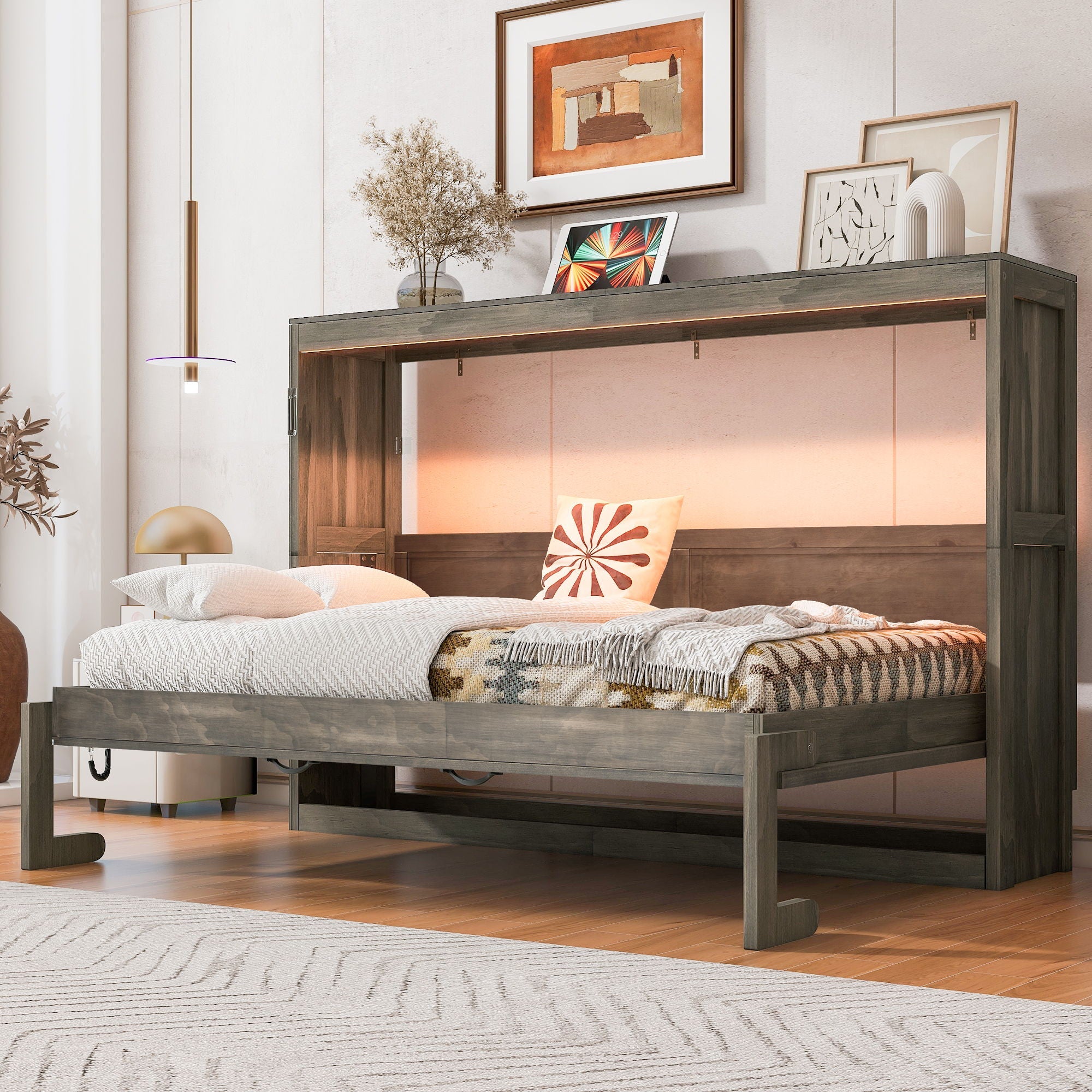Murphy Bed With LED Light, Foldable Wall Bed Cabinet