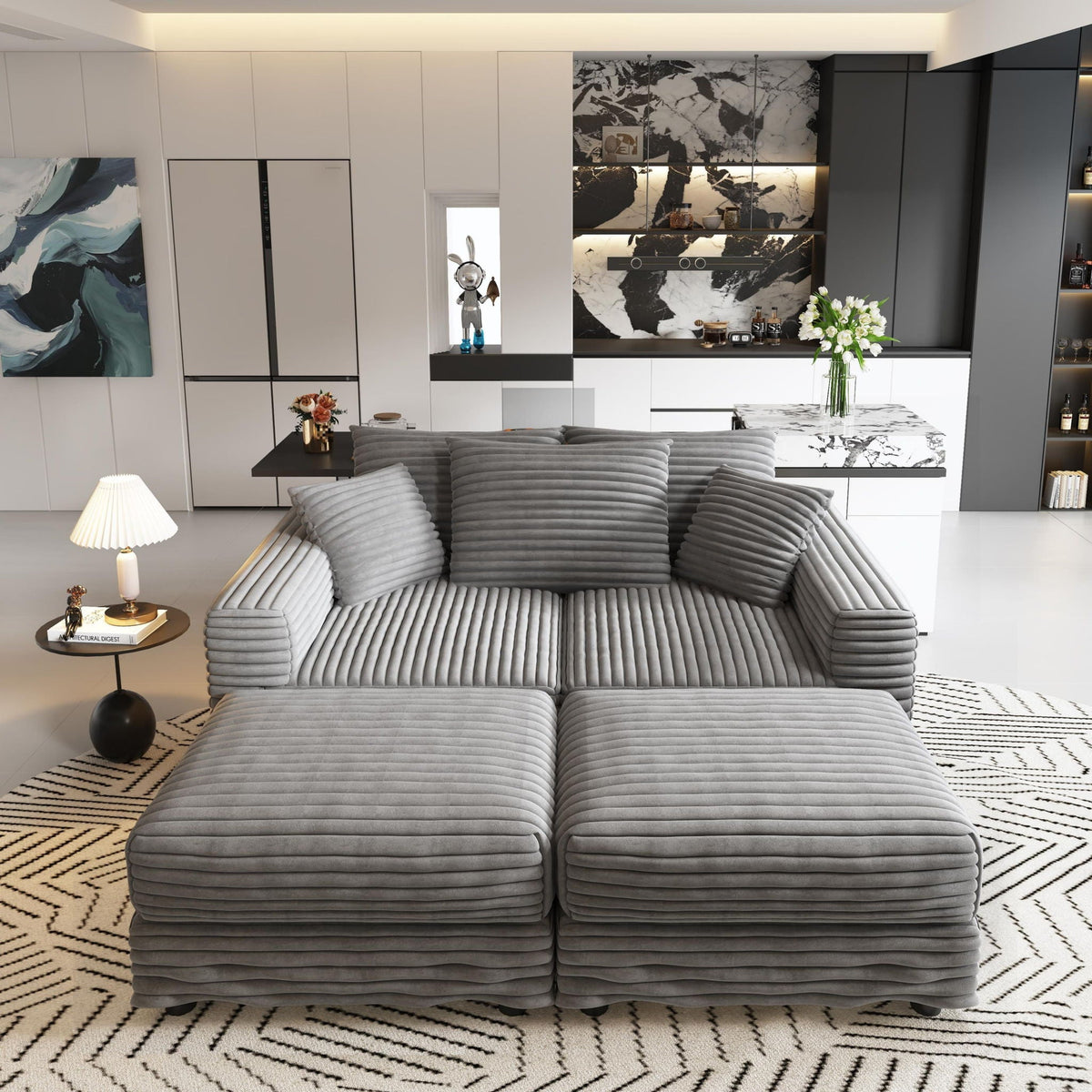 Convertible Deep Seat Sofa With Soft Pillows And Ottomans