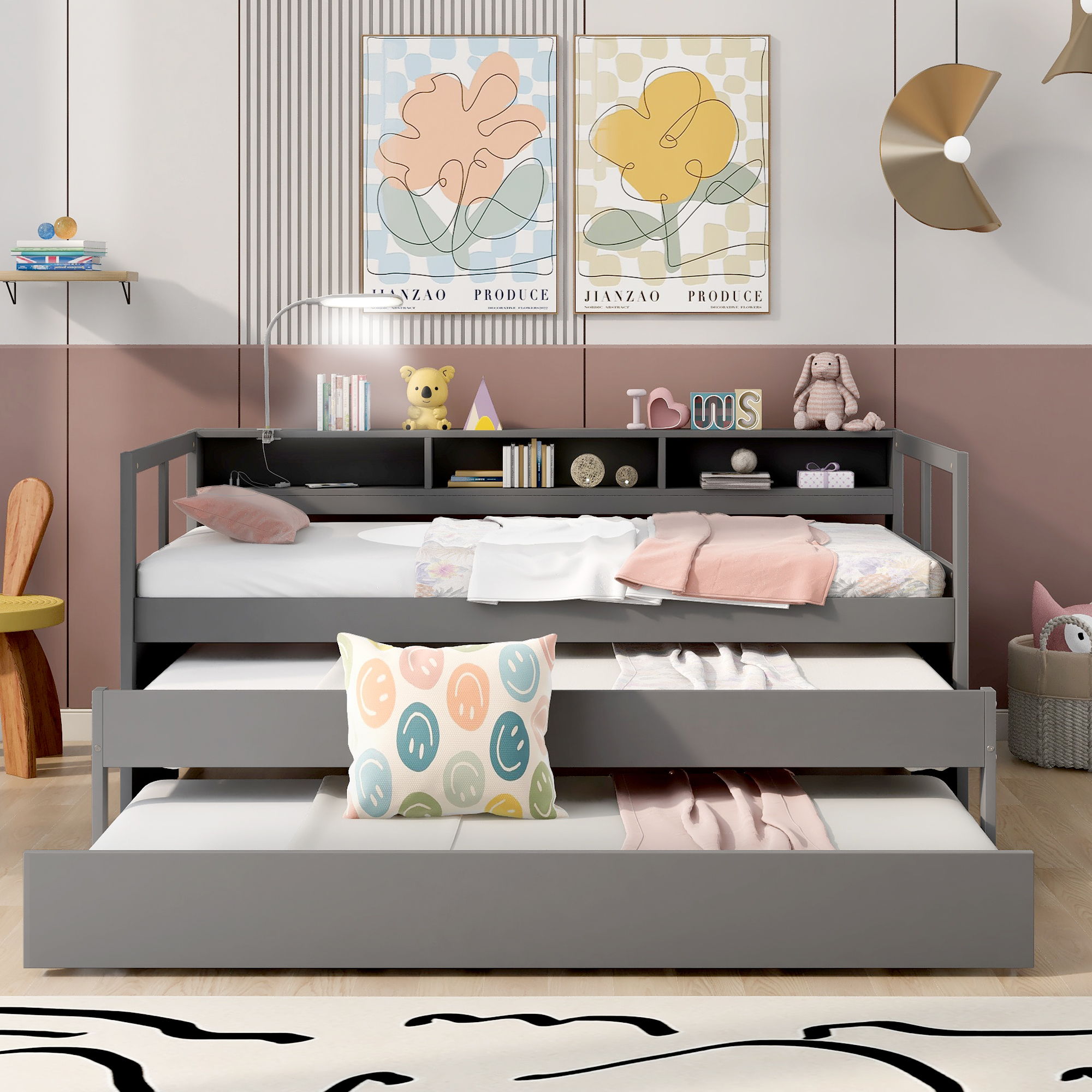 Daybed With 2 Trundles, 3 Storage Cubbies, Built In USB Charging Light