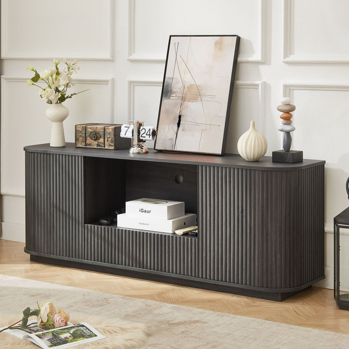 Modern Wavy TV Stand Rounded Sideboard With Storage Cabinet