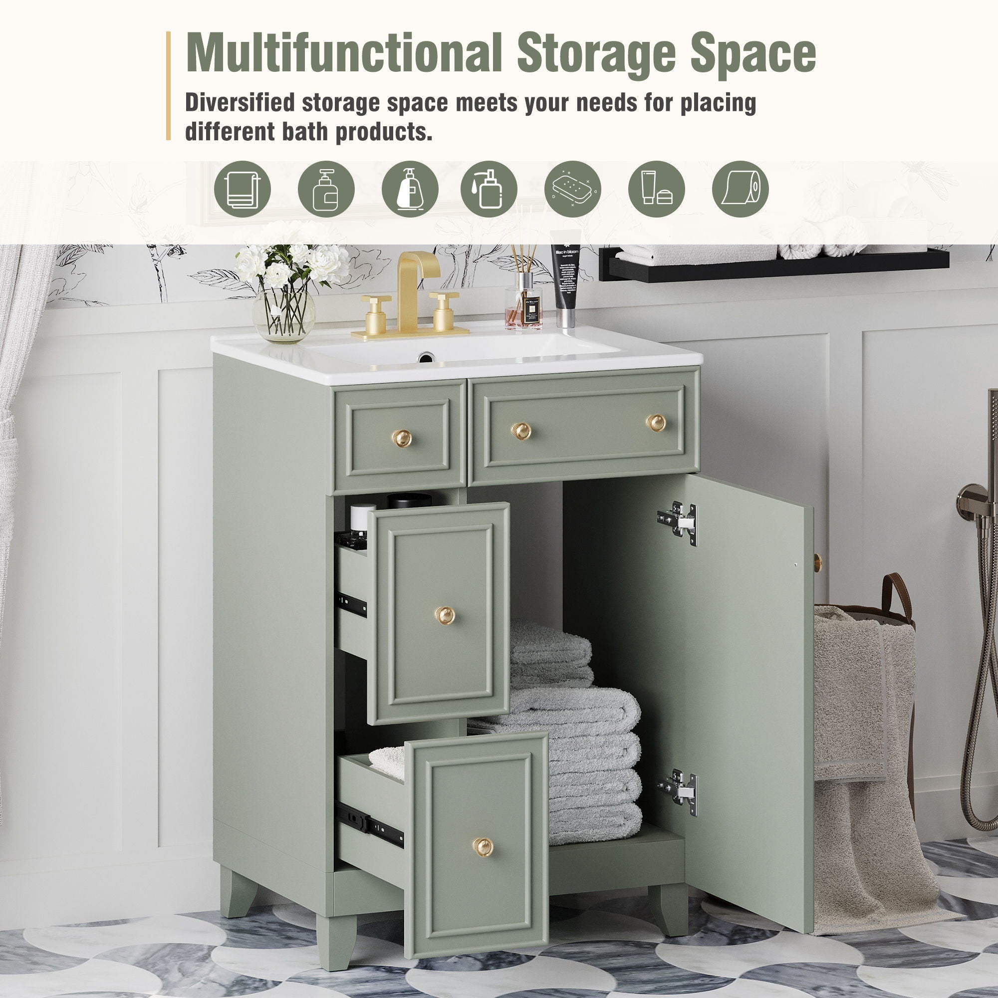 Transitional Style Bathroom Vanity Cabinet With Ceramic Sink
