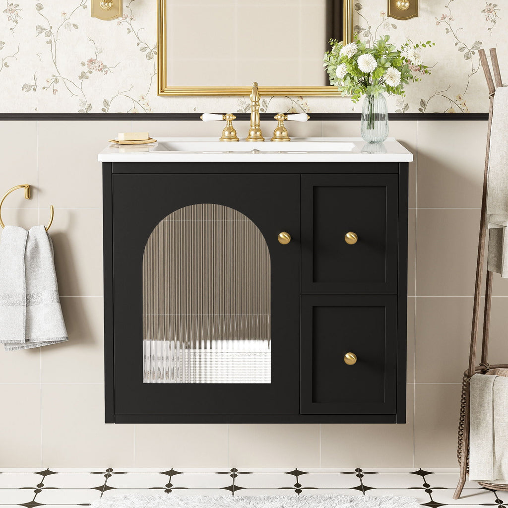 Wall-Mounted Bathroom Vanity Set With Sink, 2 Drawers And Soft-Close Door