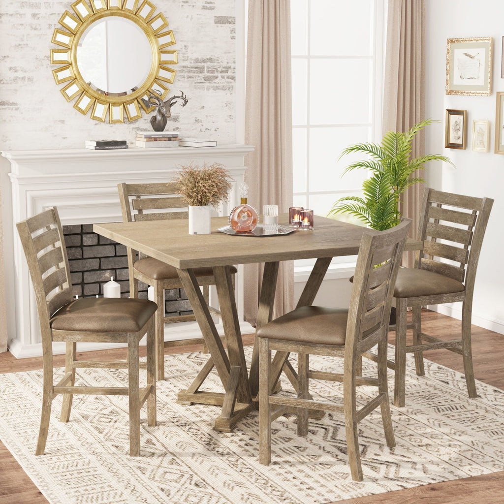 5 Pieces Set Counter Table Set Square Counter Table Solid Wood Modern Farmhouse Rustic Look Distressed Look - Grayish Brown