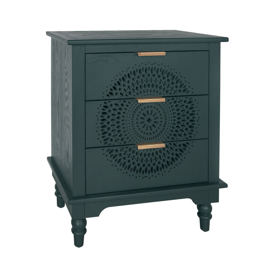 Hollow Carved 3 Drawer Dresser With Metal Handles, Storage Chest For Living Room Or Bedroom - Blackish Green