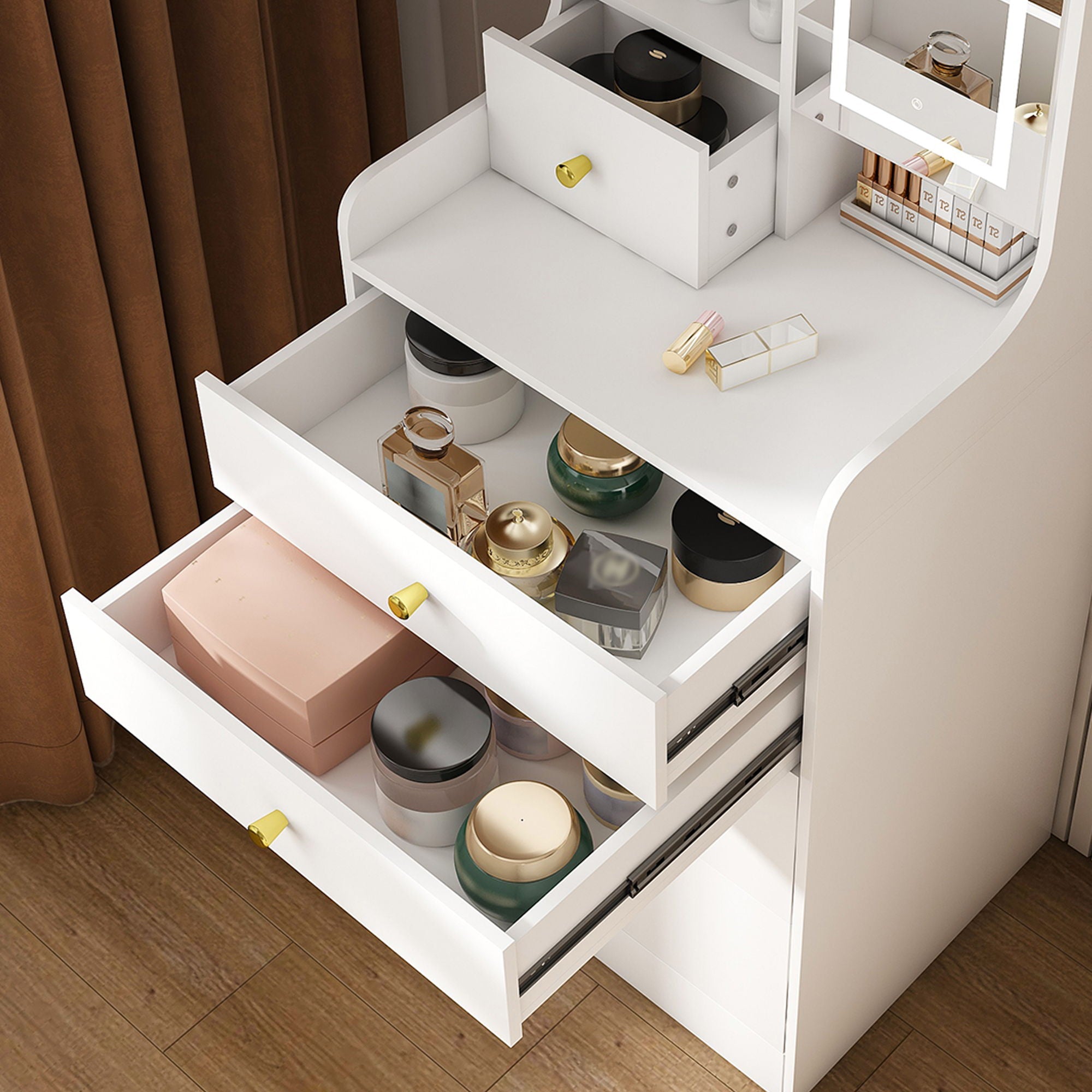 3 In 1 Dressing Table With LED Mirror & Storage Stool, Compact Makeup Vanity - White
