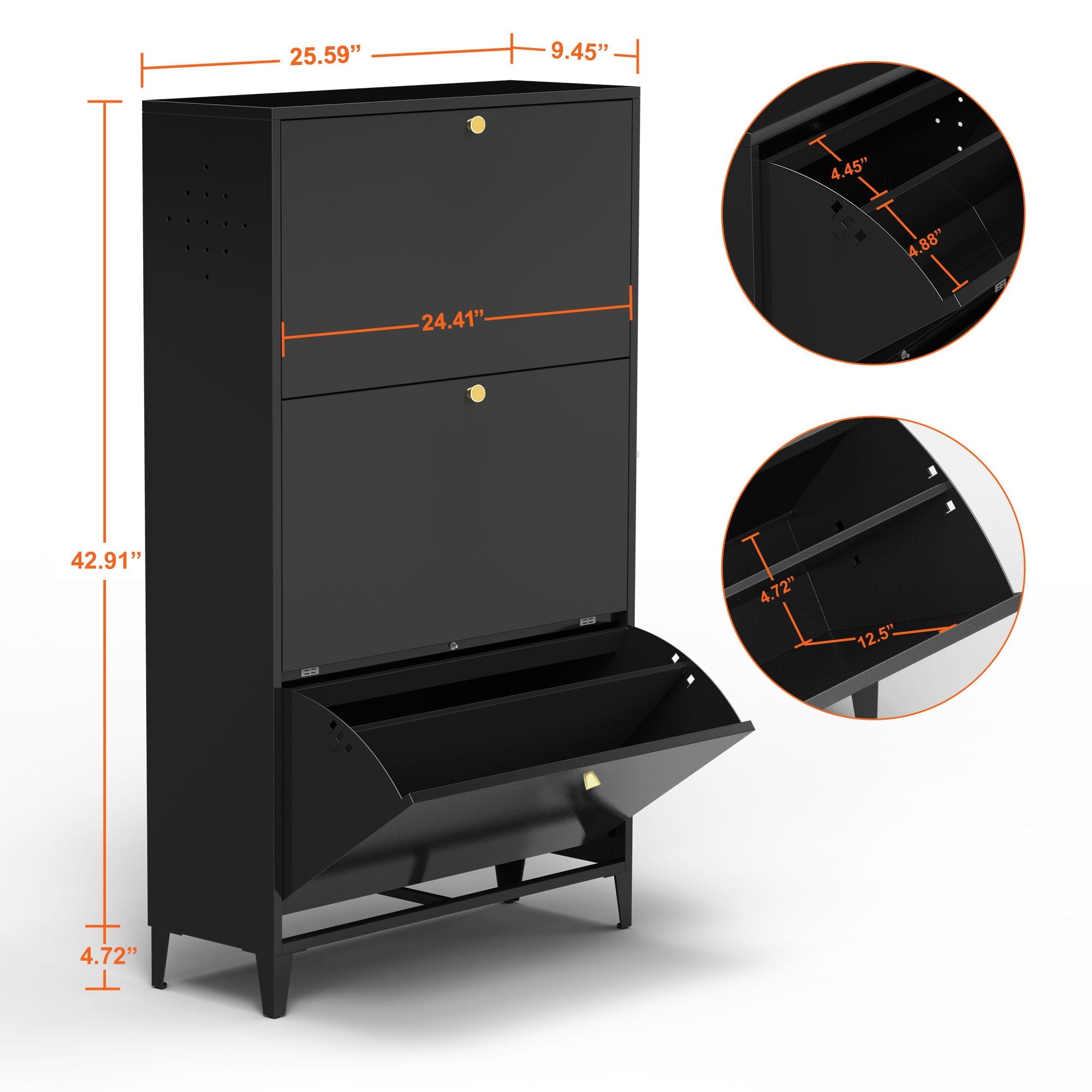 3 Drawer All Steel Shoe Cabinet, Freestanding Storage Organizer With Flip Door