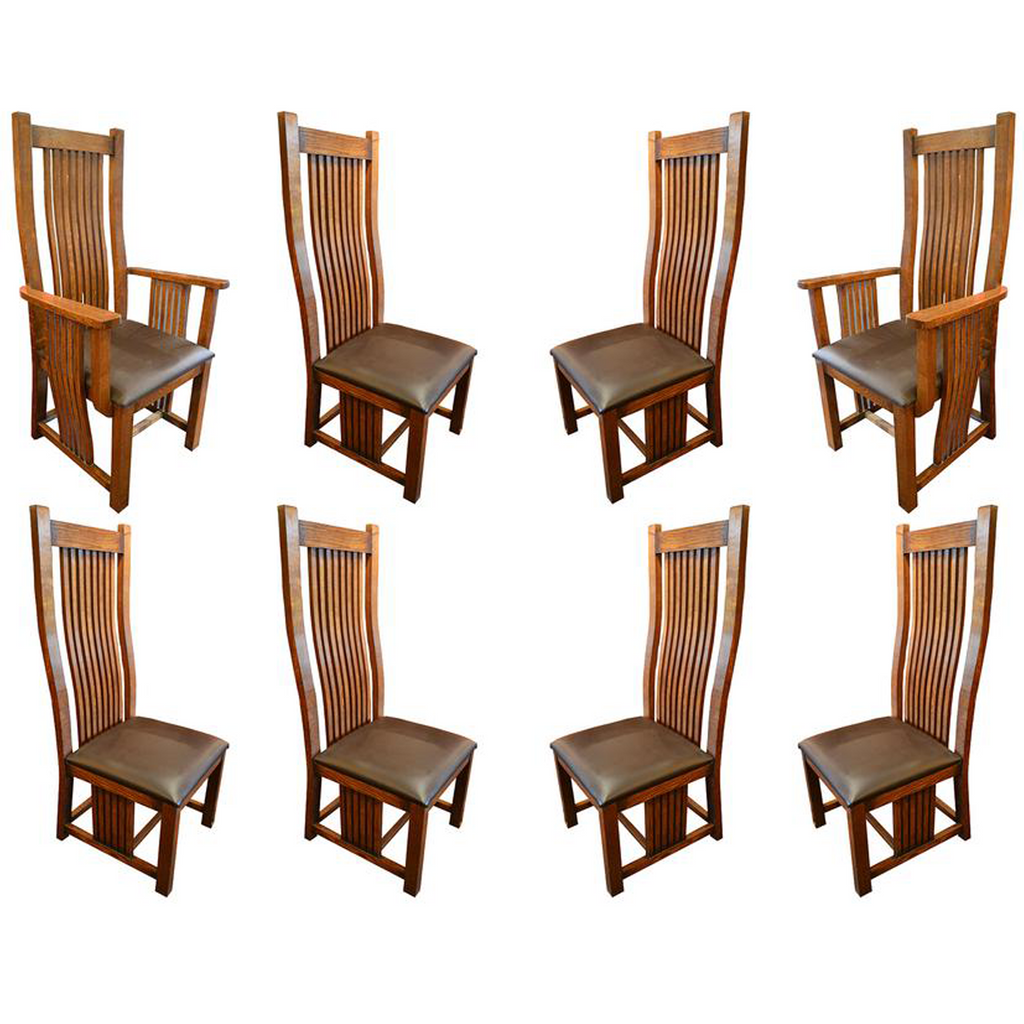 Set of 8 - Mission / Arts and Crafts Oak Curved High Back Dining Chairs