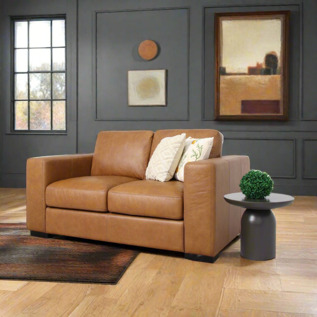 Argento Top Grain Leather Love Seat - Tan