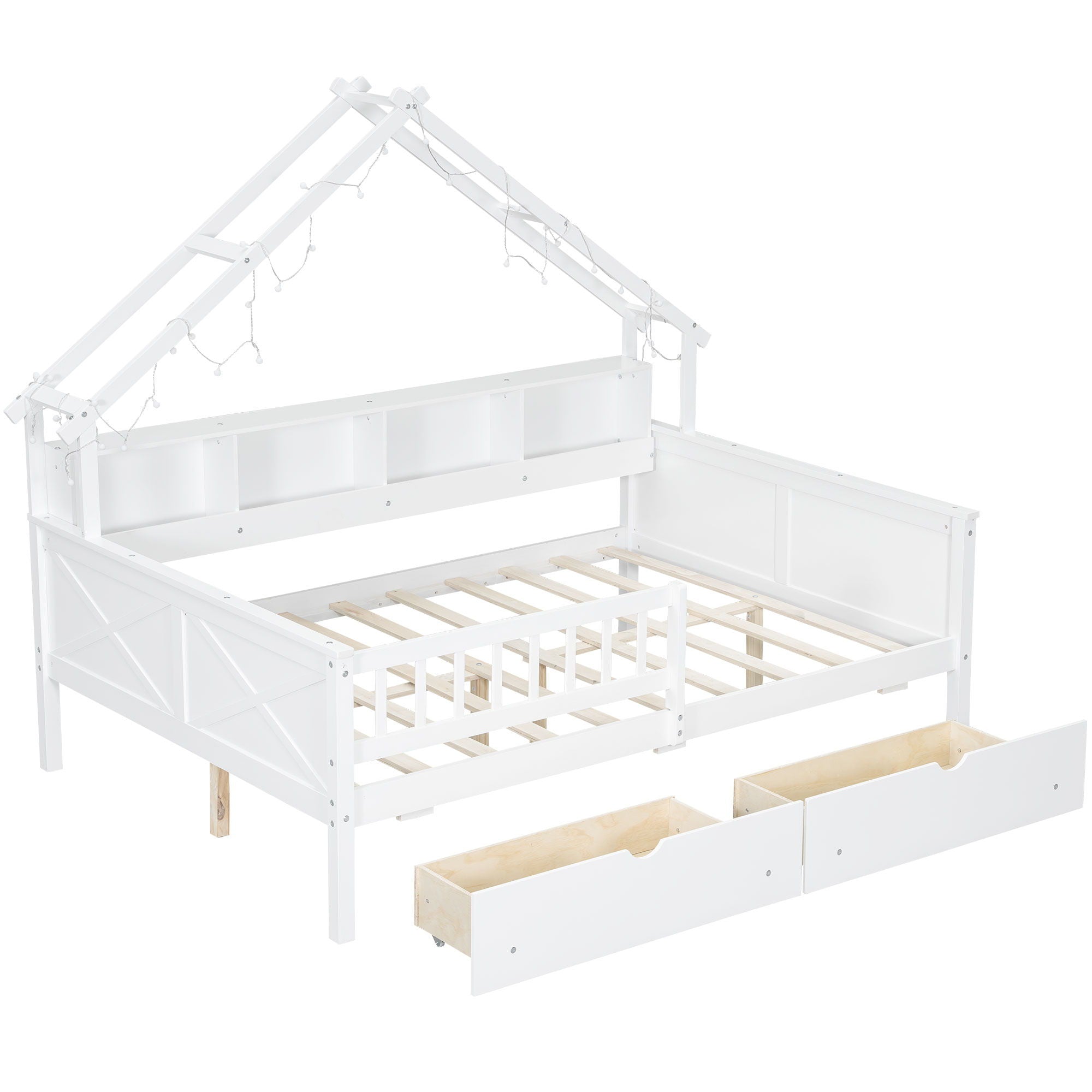 House Style Platform Bed With LED Lights, Storage Shelves, Drawers, And Guardrail