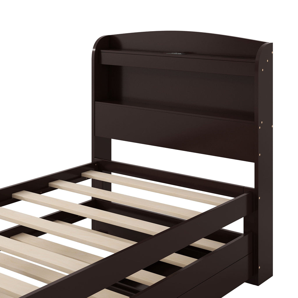 Platform Bed With LED Headboard, Charging Station, Trundle And 2 Drawers