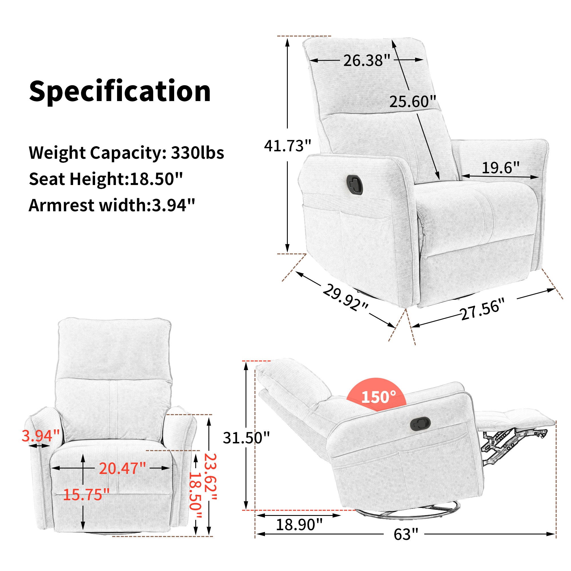 360° Modern Small Rocking Swivel Recliner Chair With Side Pocket