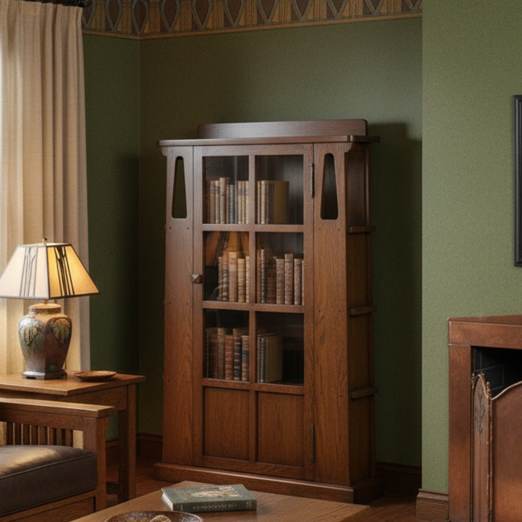 Mission 1 Door Bookcase with Side Shelves - Walnut Stain