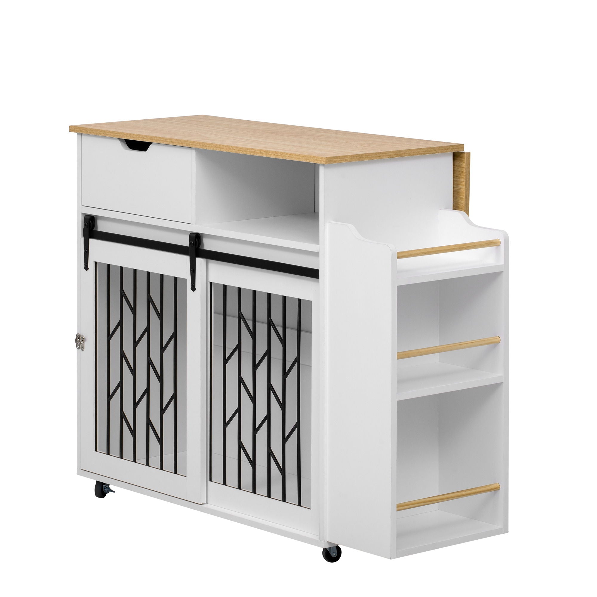 Modern Style 2 In 1 Pet Friendly Dog Crate Kitchen Island End Table Metal Pine - Natural / White