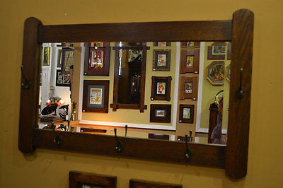 Arts and Crafts Mission Oak Bevelled Mirror with coat / hat hangers