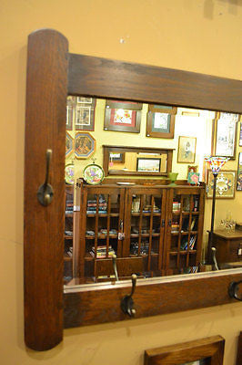 Arts and Crafts Mission Oak Bevelled Mirror with coat / hat hangers