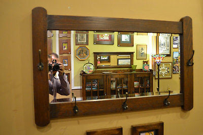 Arts and Crafts Mission Oak Bevelled Mirror with coat / hat hangers