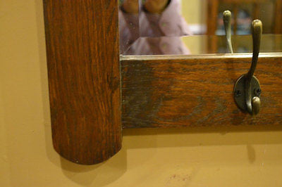 Arts and Crafts Mission Oak Bevelled Mirror with coat / hat hangers