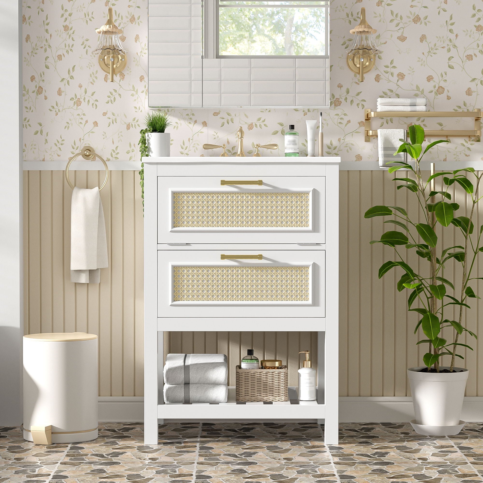 Modern Bathroom Vanity With Integrated Sink, Cabinet With 1 Deep Drawer And 1 Tip-Out Drawer