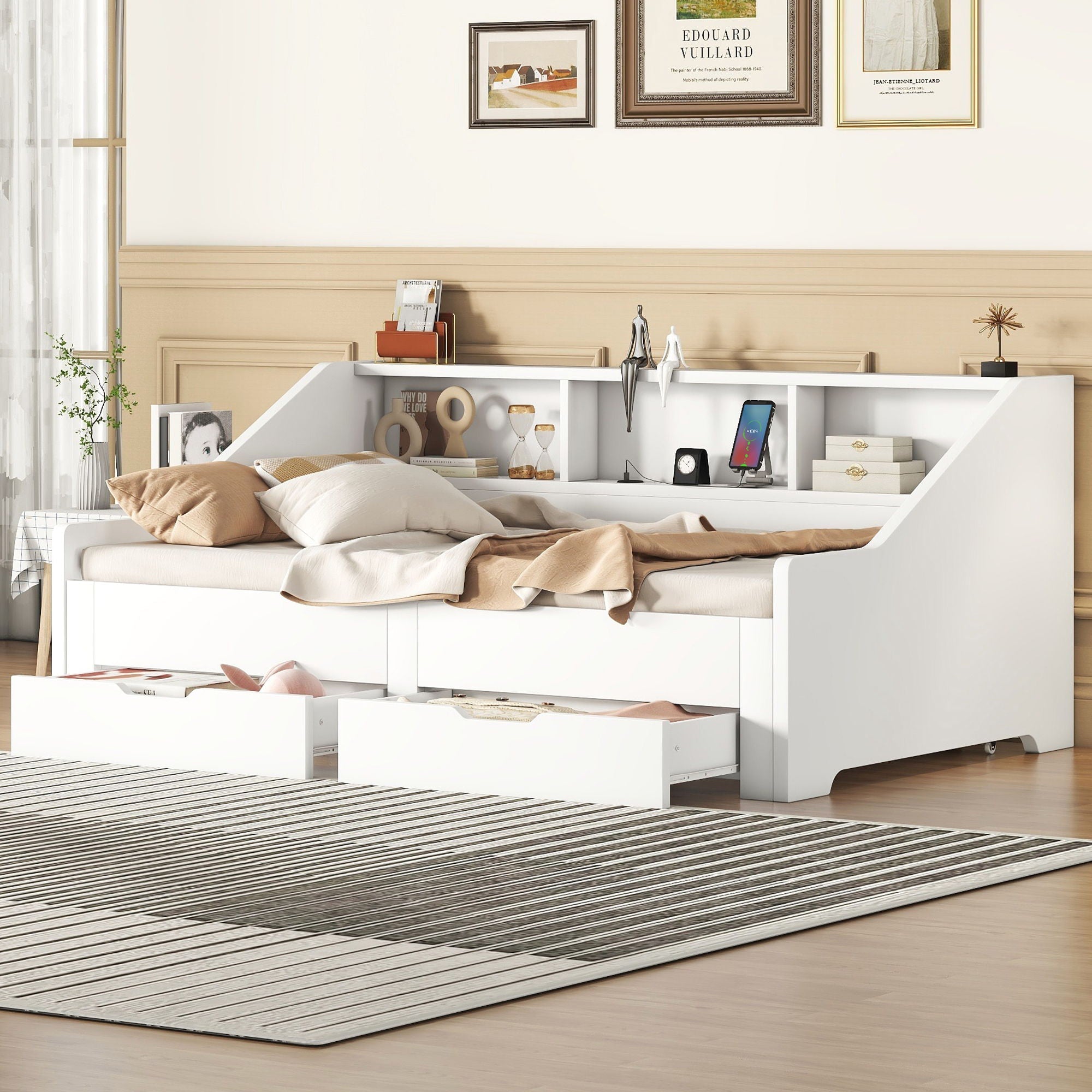 Daybed Frame With Storage Bookcases, 2 Drawers, Charging Station