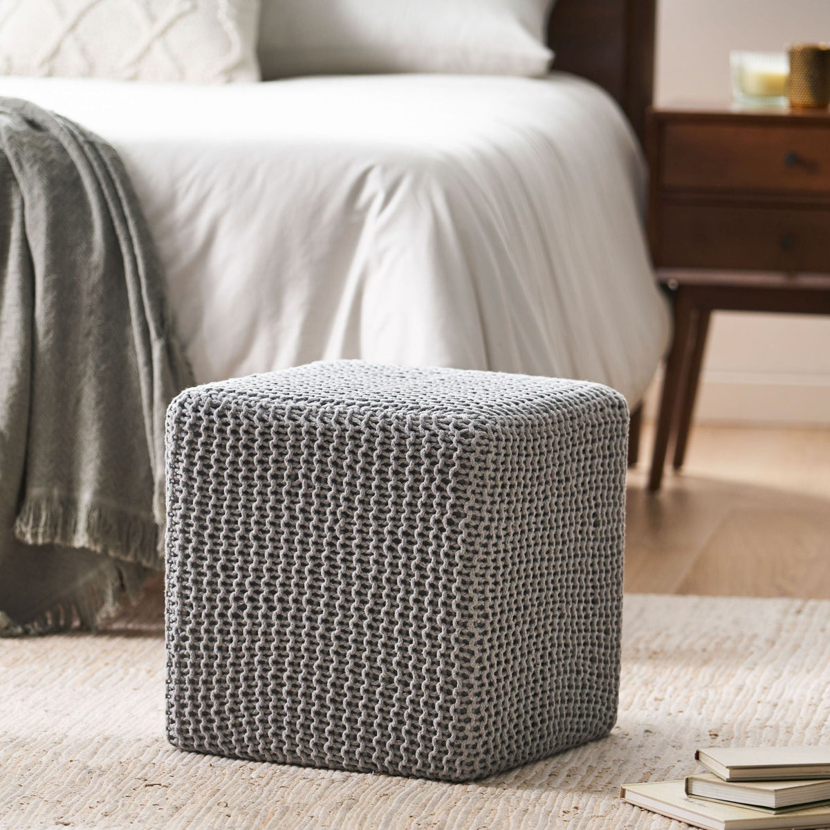 Chabani - Indoor Modern Knitted Fabric Cube Pouf Ottoman - Light Gray