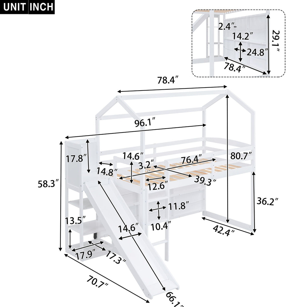 House Loft Bed With Slide, Storage Shelves And Light, Climbing Ramp