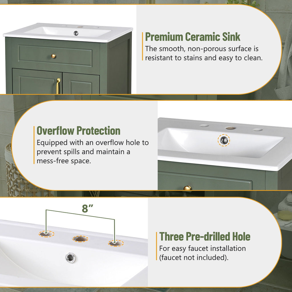 Elegant Bathroom Vanity With Ceramic Sink, Soft Close Doors And Drawers, Double Storage Racks
