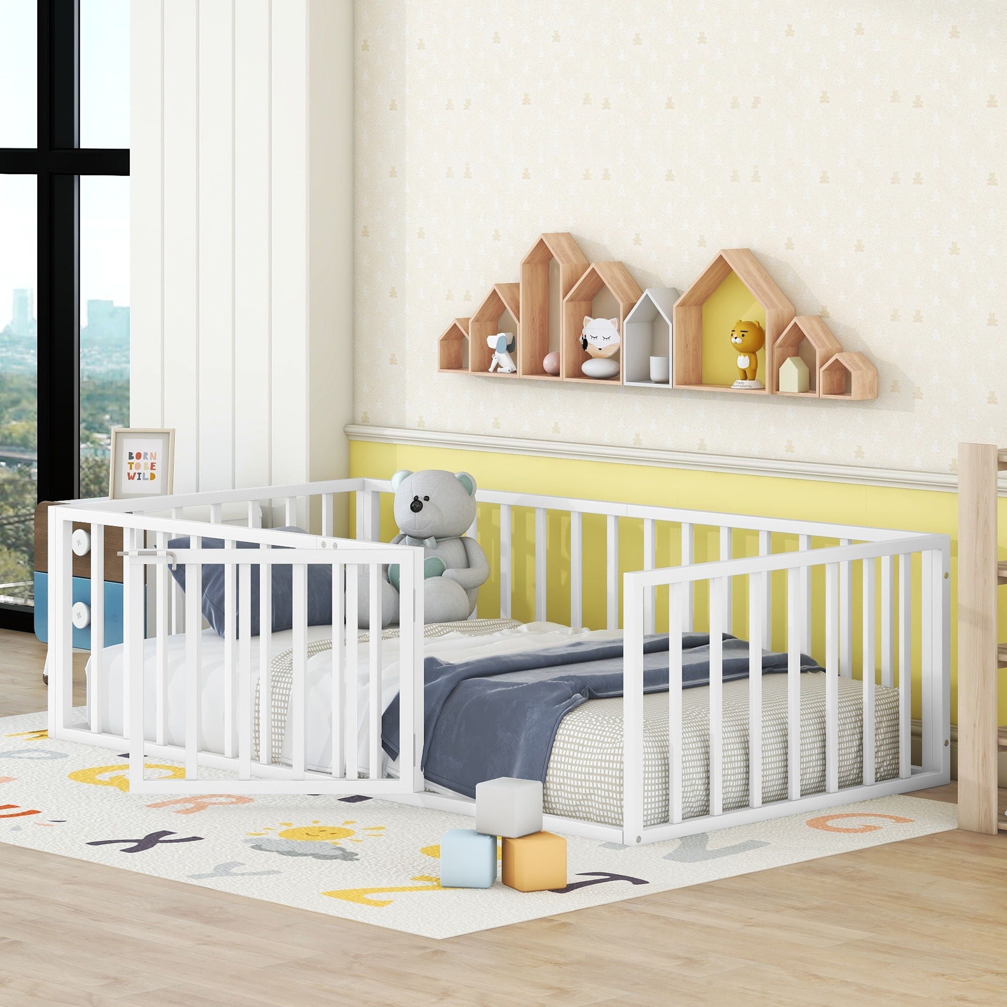 Metal Floor Bed Frame With Fence And Door