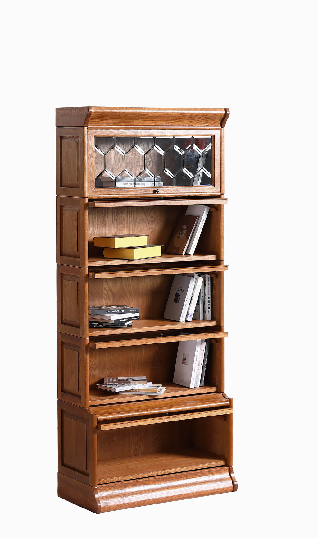 Mission Style Oak Barrister Bookcase 5 Stack-Leaded Glass in 2 Colors