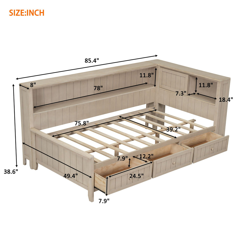 Daybed With Storage Shelves And 3 Drawers