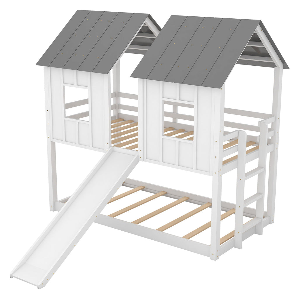 Twin Over Twin House Bunk Bed With Slide And Windows - White / Gray