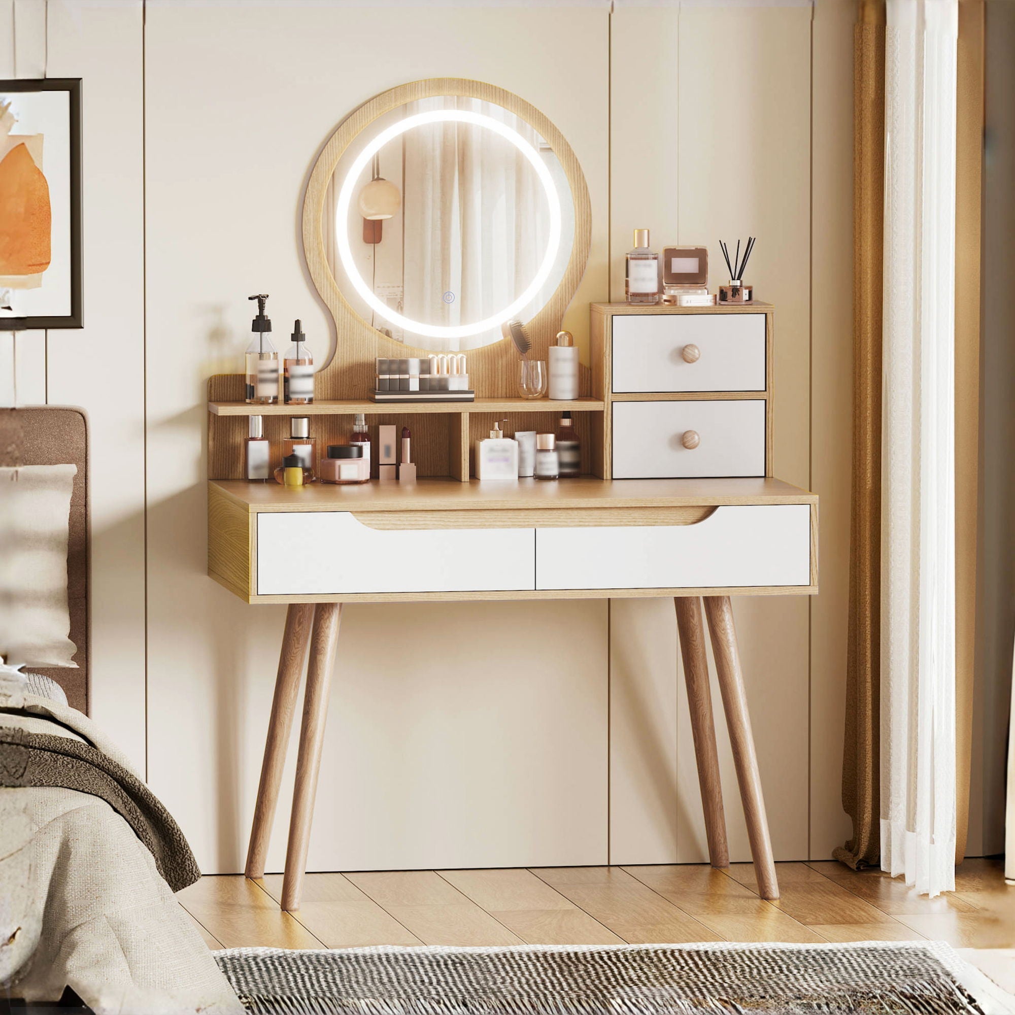 Elegant Makeup Vanity Desk With Adjustable Lighted Mirror Table Feet - American White Oak
