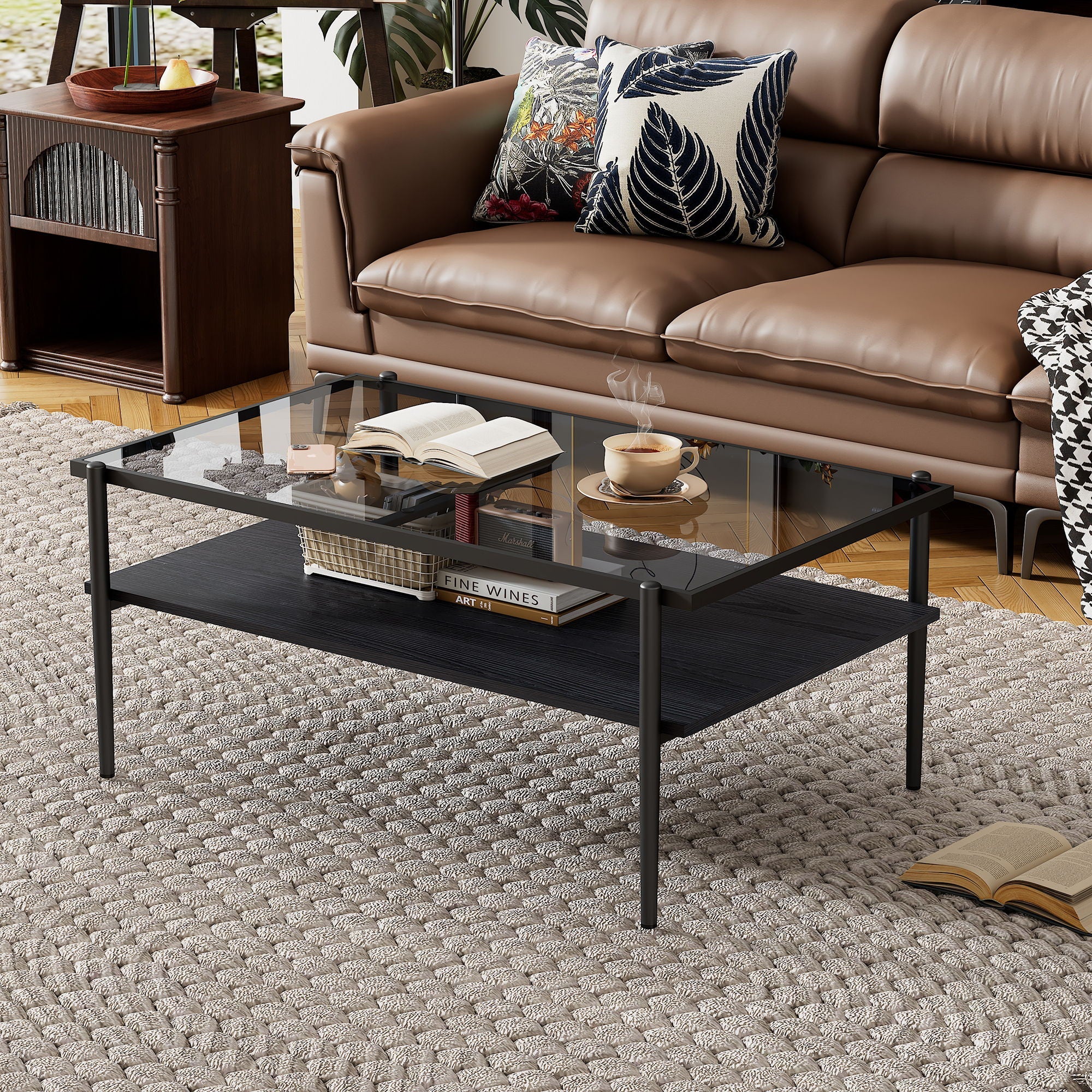 Rectangle Coffee Table With Tempered Glass Top And Legs, Modern Table For Living Room