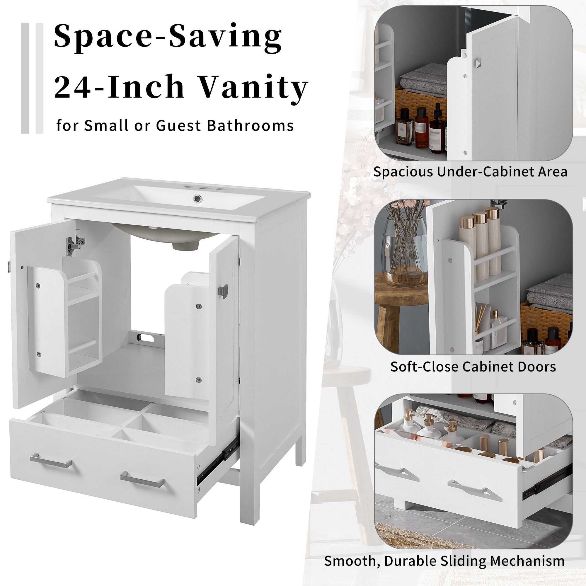 Bathroom Vanity With Integrated Undermount Ceramic Sink, 2 Doors And 1 Drawer, Soft Close Hinges