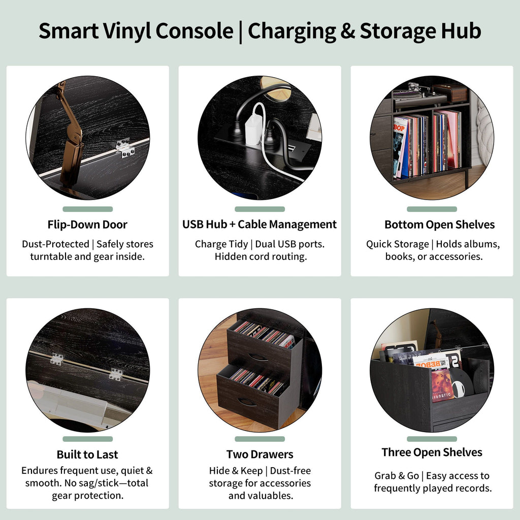 Eco-Friendly Vinyl Record Player Stand With Flip-Top Storage, Media Console With Dual Outlets And Dustproof Drawers