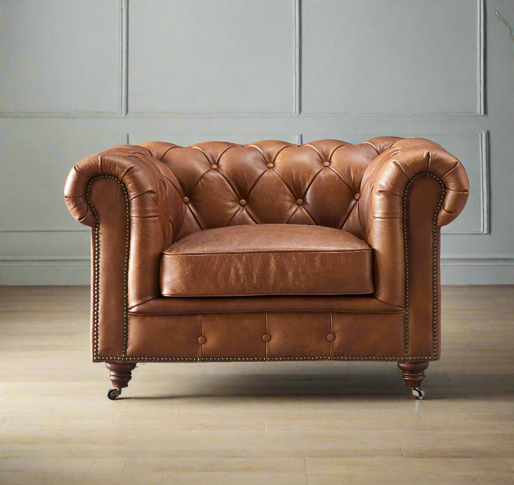 Century Chesterfield Arm Chair - Bark Brown Leather