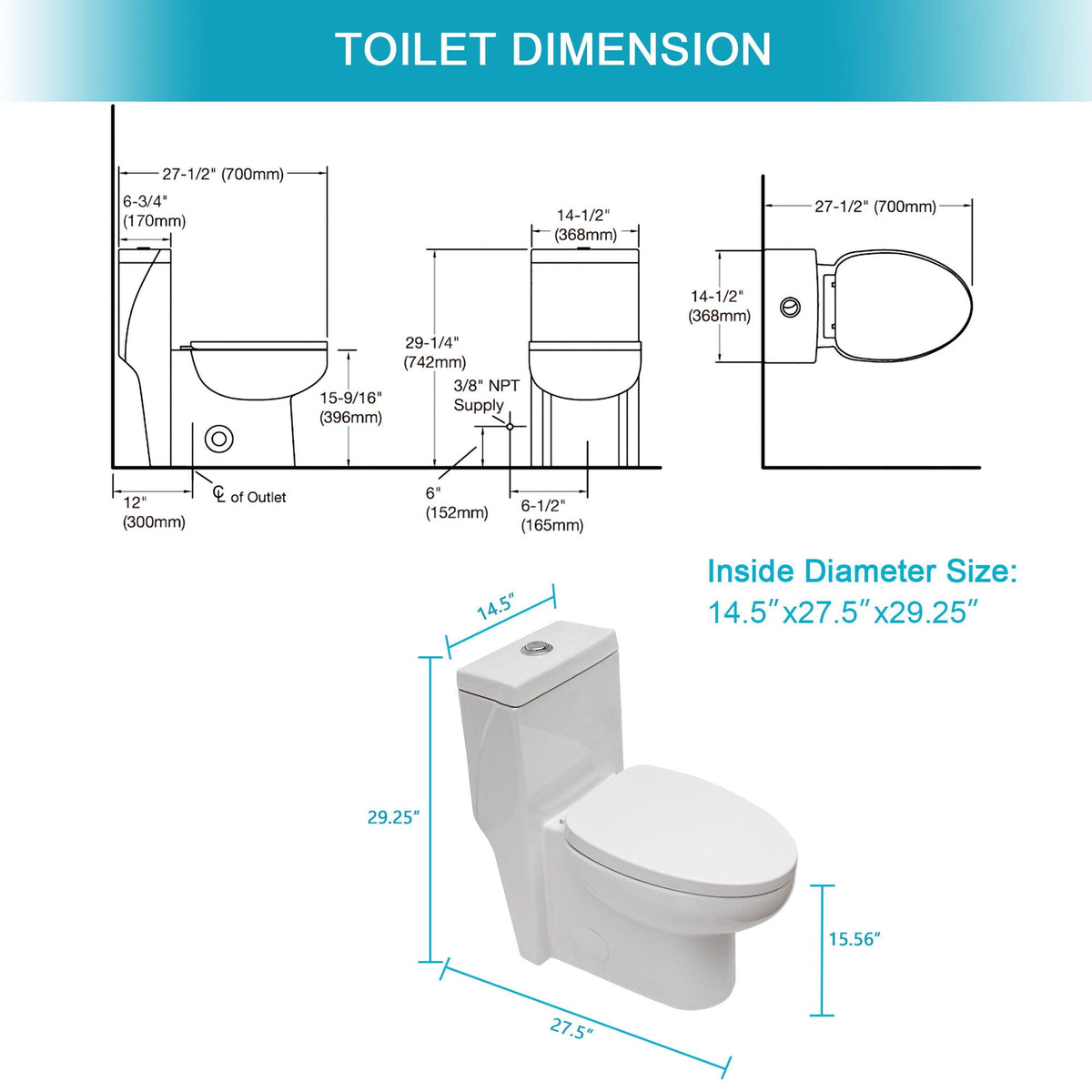 1 Piece Toilet With Dual Flush And Soft Closing Seat - White