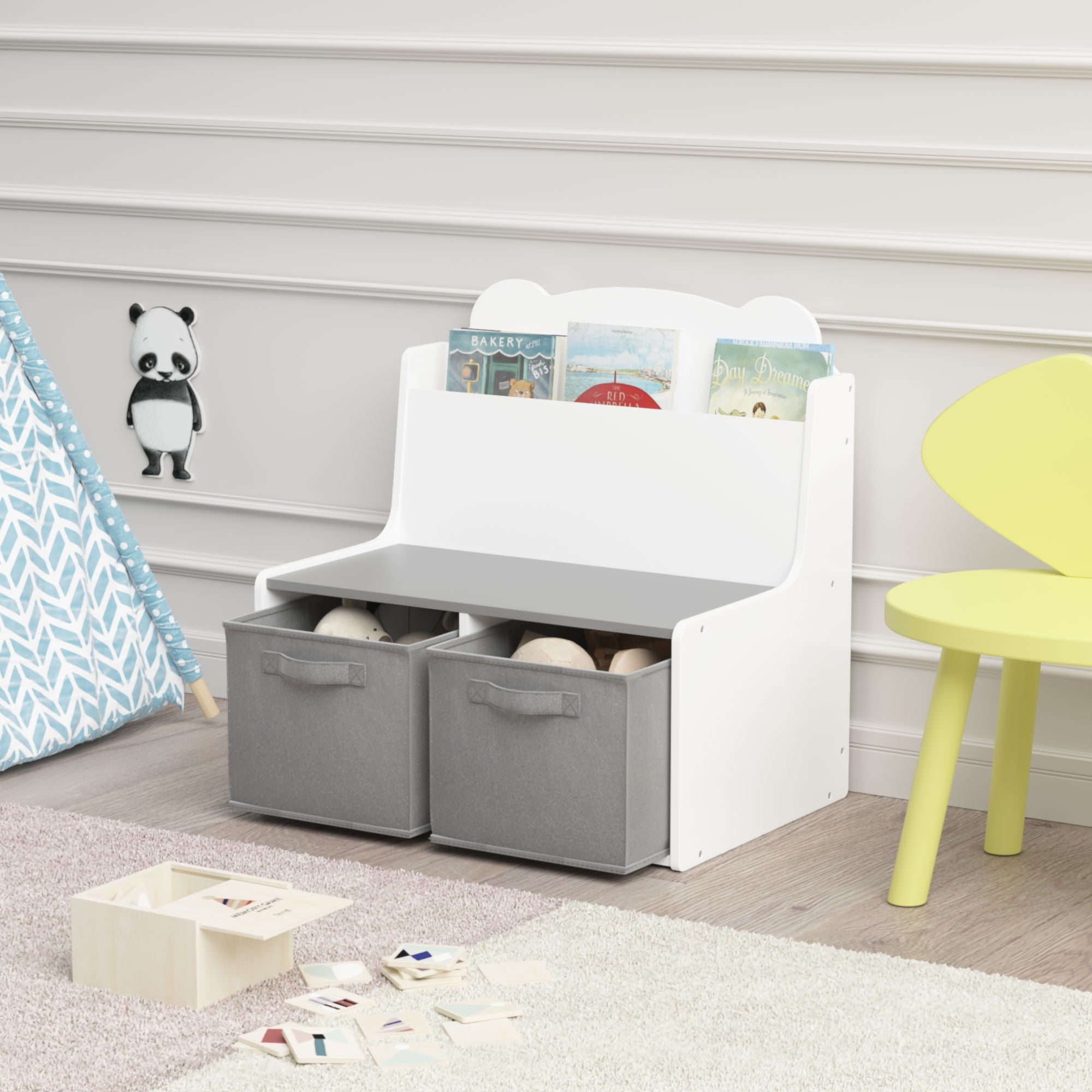 Bookshelf With Storage Bins, Bookcase With Book Display Shelf And 2 Bins, Cute Bear Shaped Backboard, Toy Organizer - White