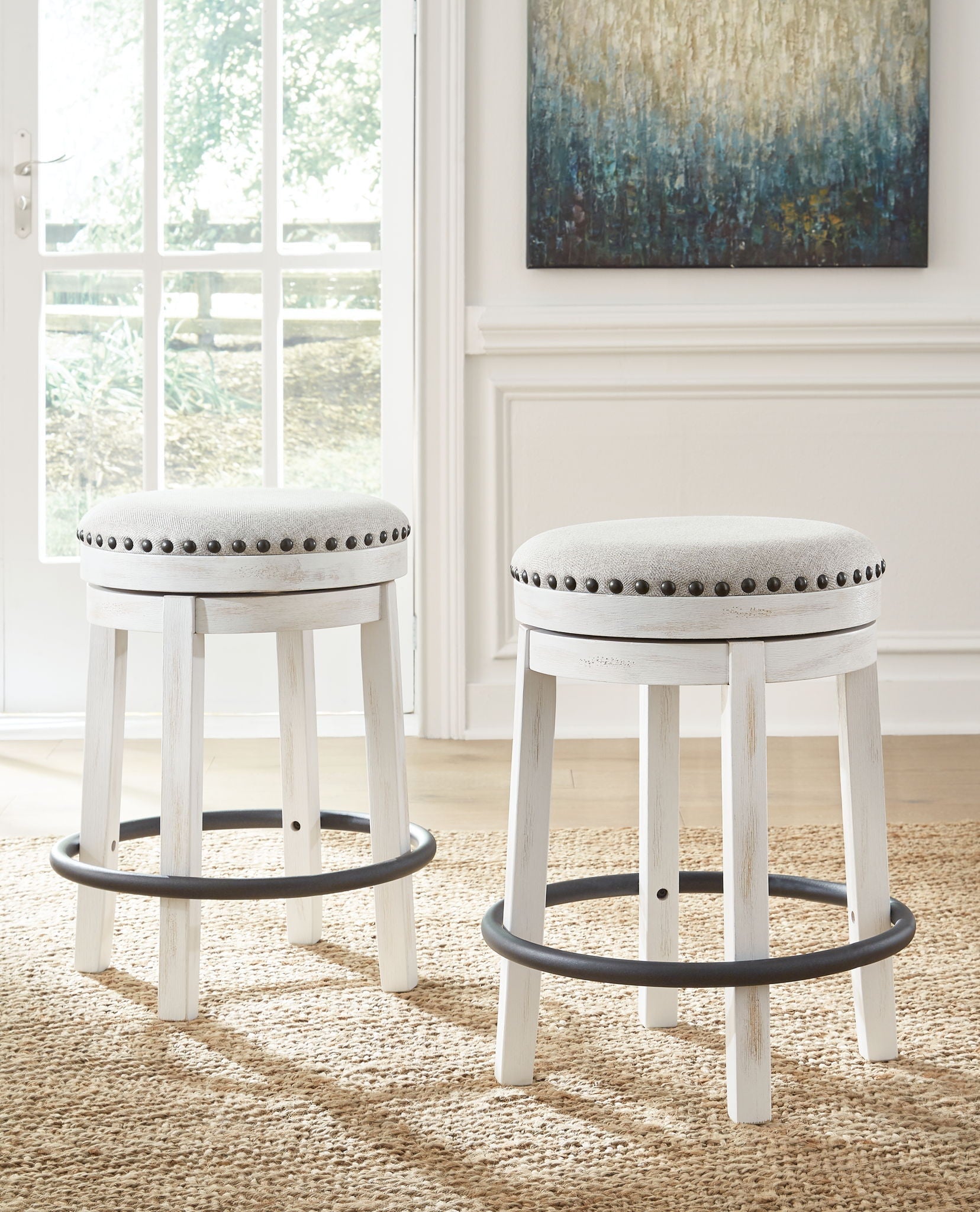 Valebeck - 5 Pc. - Counter Table With Wine Rack, 4 Swivel Stools - White / Brown