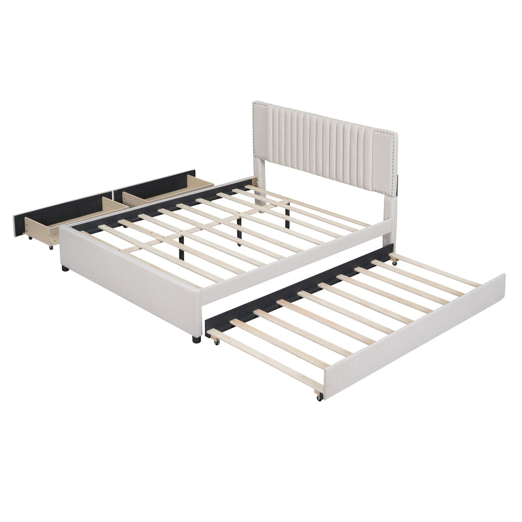 Upholstered Platform Bed With Drawers, Classic Headboard Design