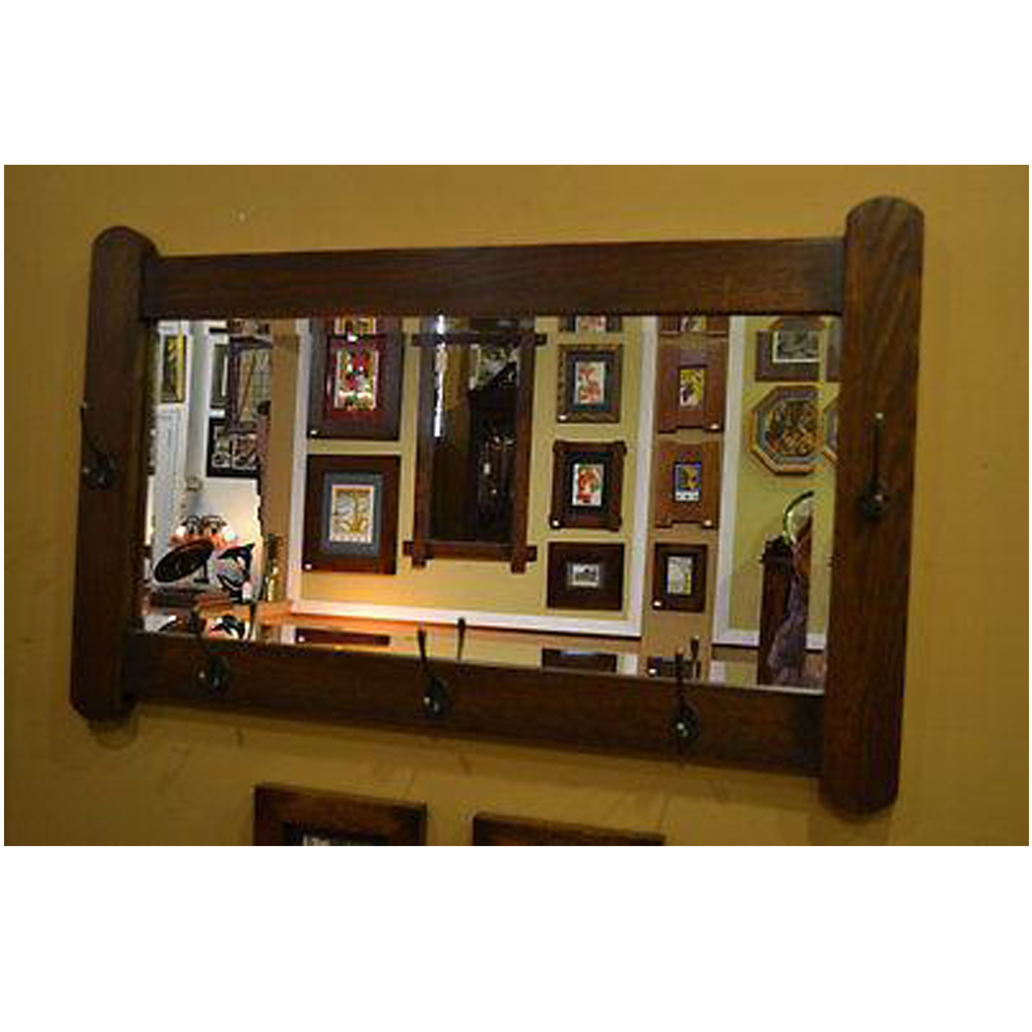 Arts and Crafts Mission Oak Bevelled Mirror with coat / hat hangers