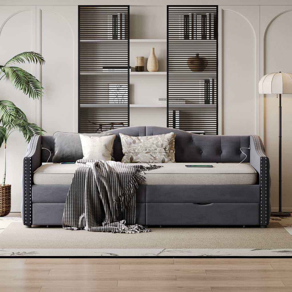 Full Size Bed Frame, Upholstered Cloud Bed Frame With Headboard, 2 Storage Drawers And 2 USB Charging Design, No Box Spring Needed - Gray