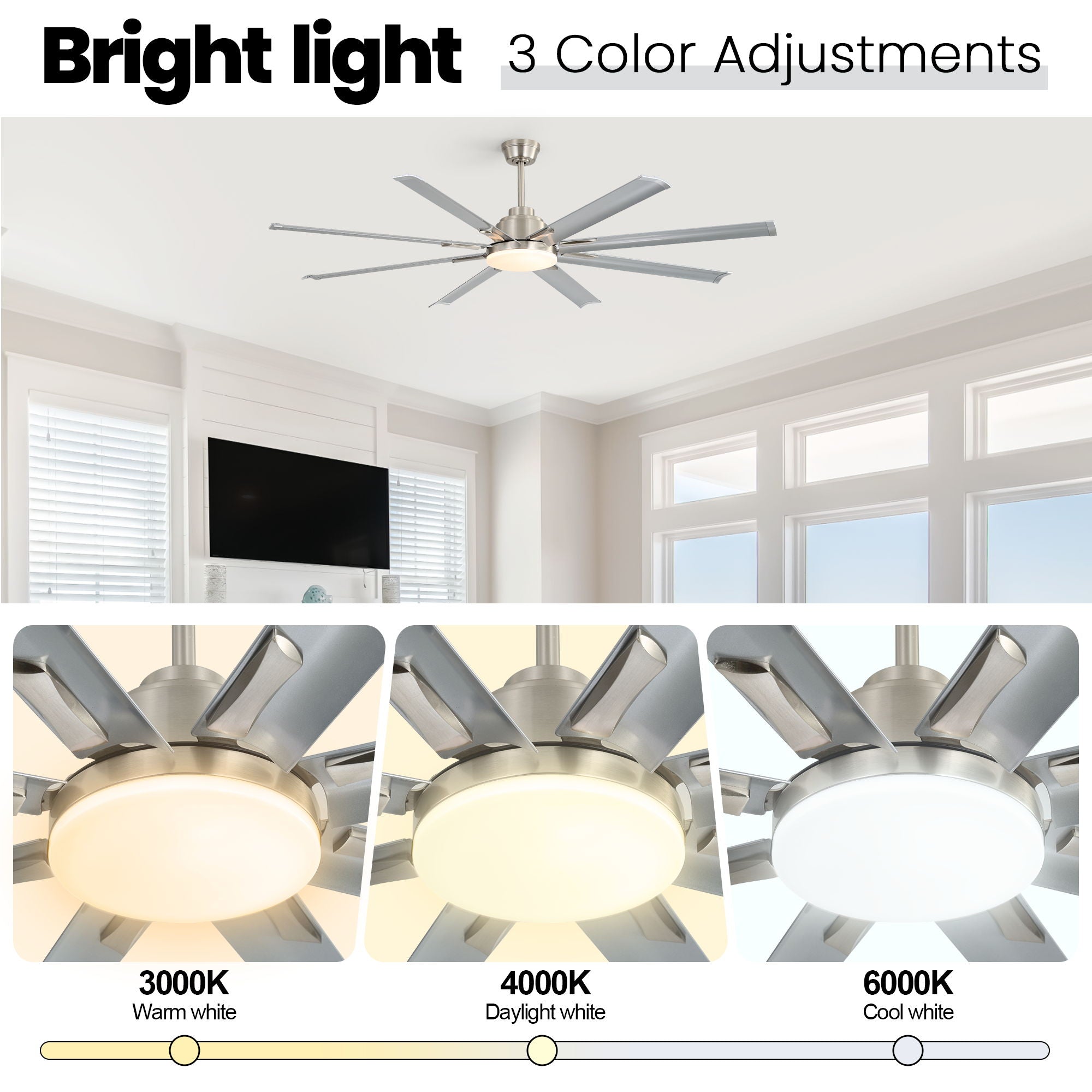 DC Motor Ceiling Fan With Dimmable Light And 8 Blade Aluminum Blades - Nickel