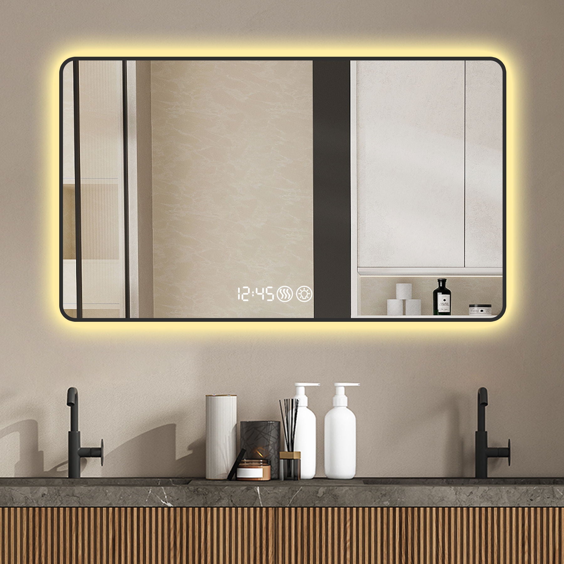 Wall Mirror With Rounded Corners, Temperature Display, Tri-Color Light, Defogging