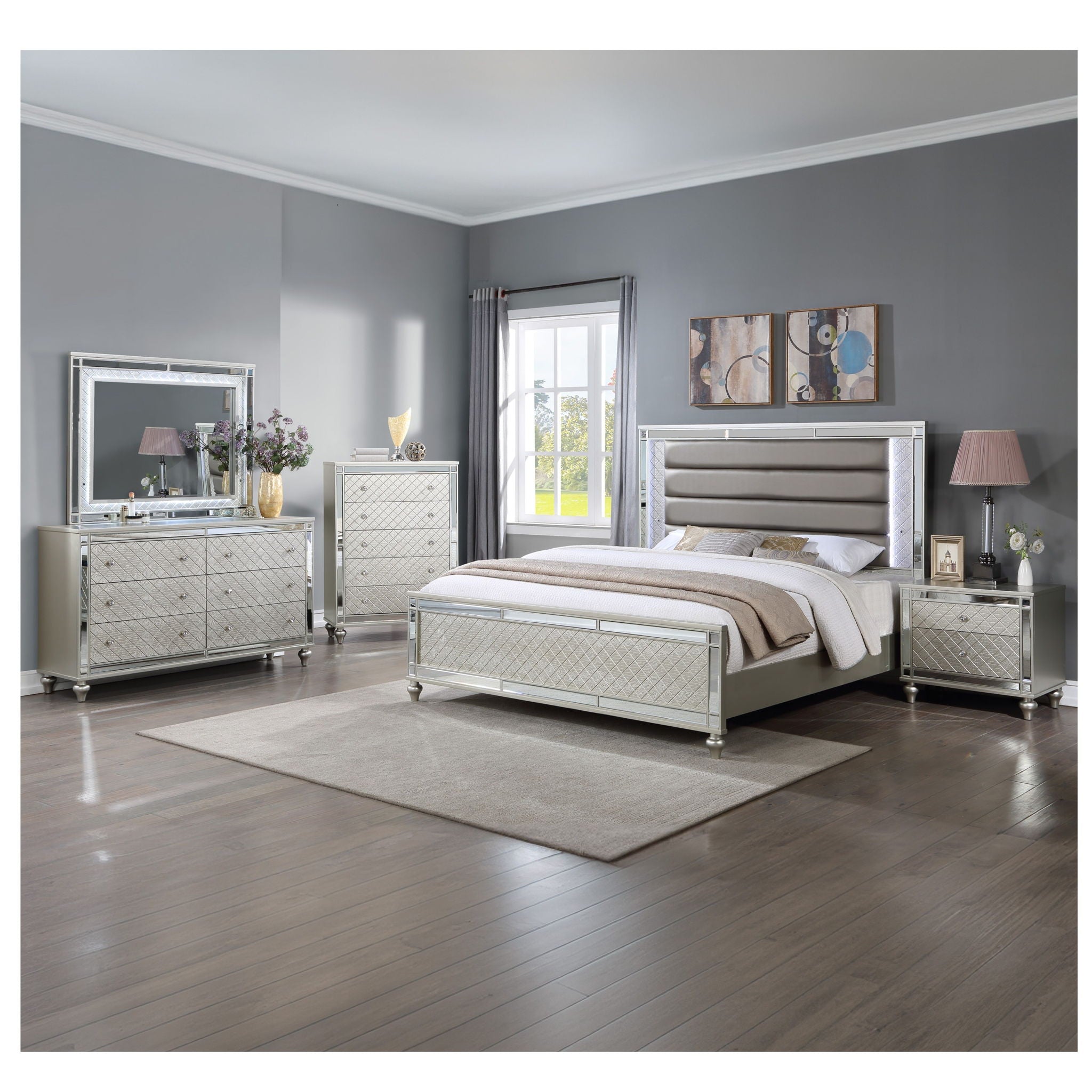 2 Drawer Nightstand With Diamond Patterned Fronts - Silver