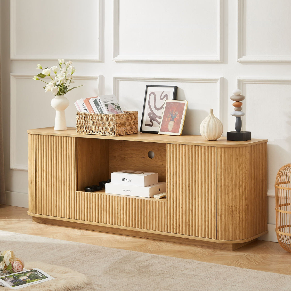 Modern Wavy TV Stand Rounded Sideboard With Storage Cabinet
