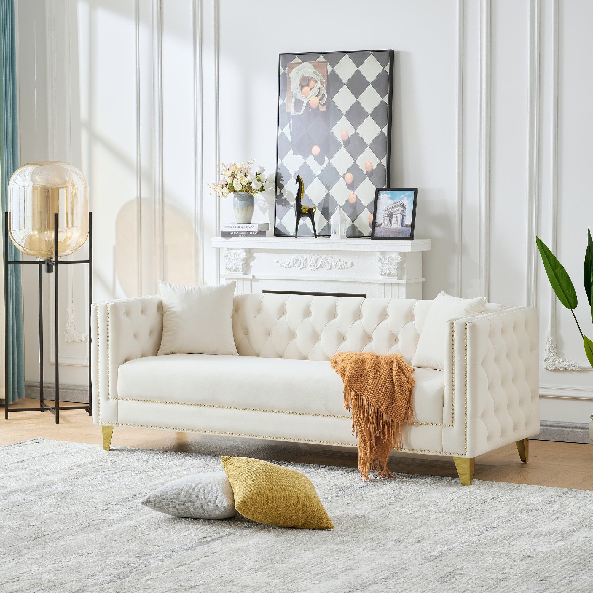 3 Seater Deep Seat Sofa, Sofa With Button Nailhead, Square Arm