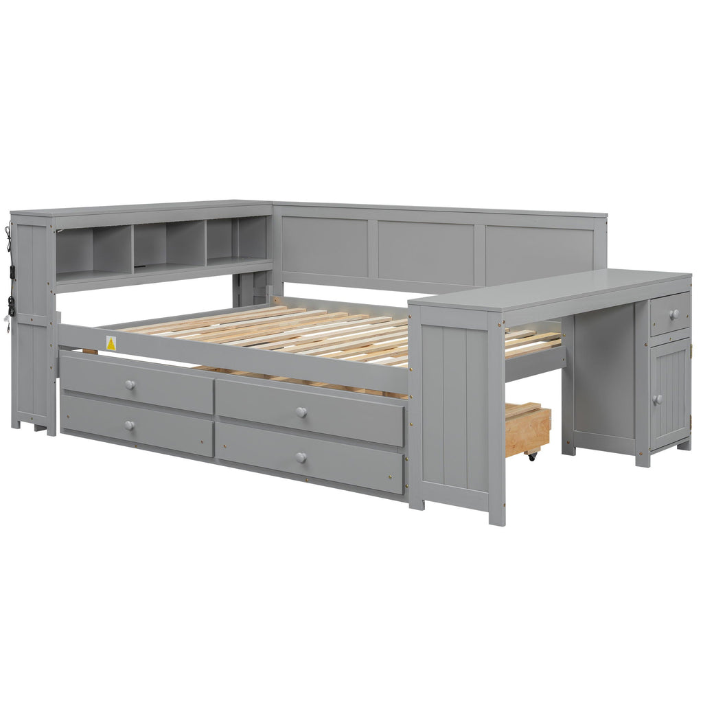 Daybed With Storage Shelves, Drawers, Trundle, Charging Station, LED Light, Desk And Cabinet