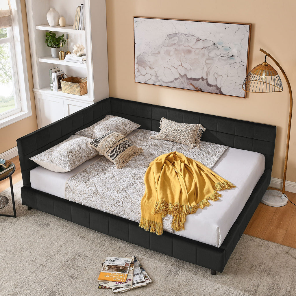 Mid-Century Storage Upholstered Tufted Bed Frame With Backrest And Armrests